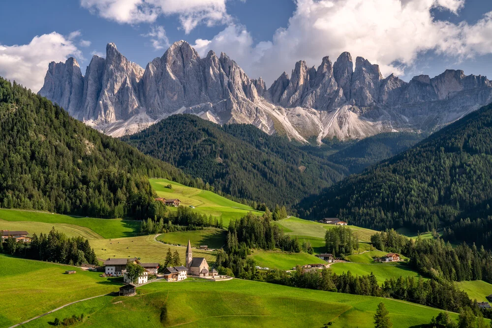 Photo art by Achim Thomae: summer landscape in Villnöss Valley, Dolomites under clear skies