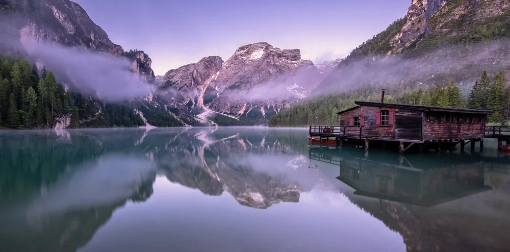 Photo art by Achim Thomae: tranquil view of Braies Lake in the Dolomites