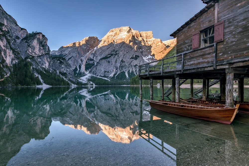 Morning mood at Lake Braies with reflections of the mountains