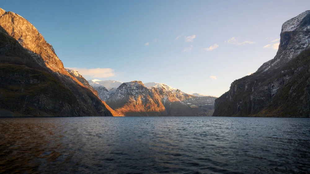 Photo art by Norbert Gräf: evening glow in Nærøyfjord with calm waters