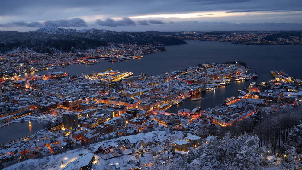 Photo art by Norbert Gräf: Bergen, Norway at blue hour by the harbor