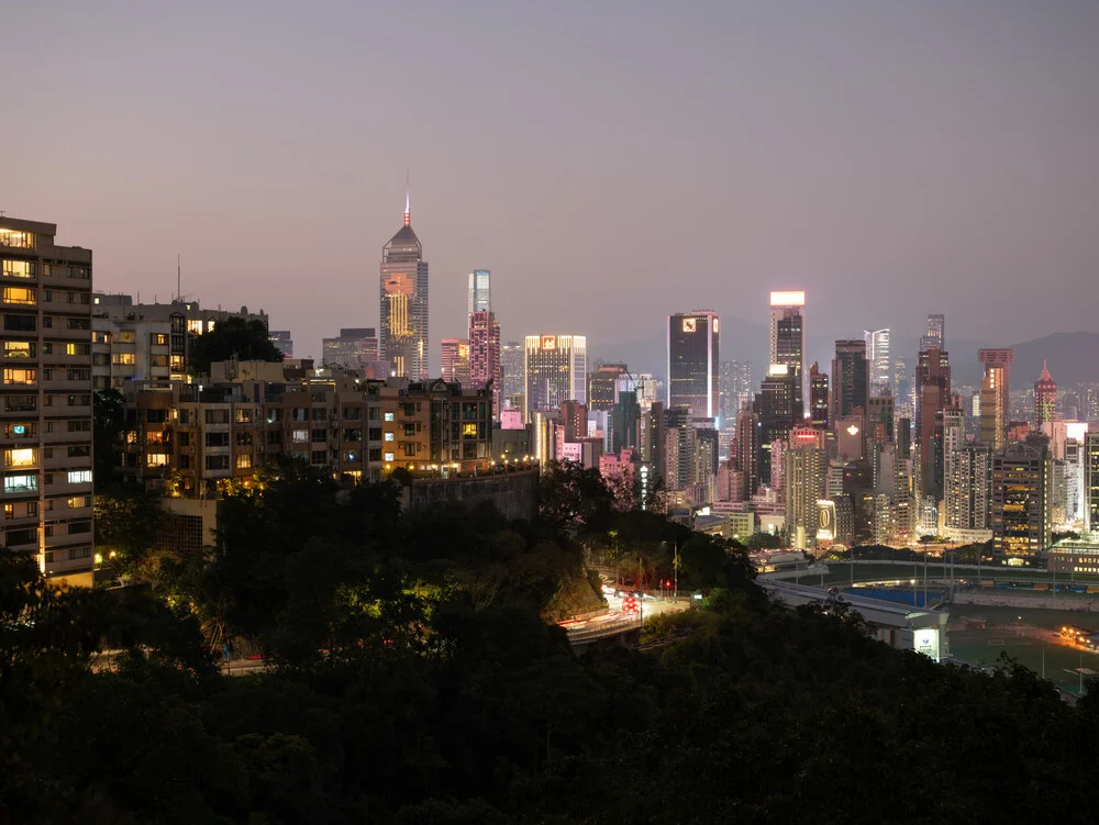 Photo art by Inflight Galerie: view of a city skyline at night with glowing lights.
