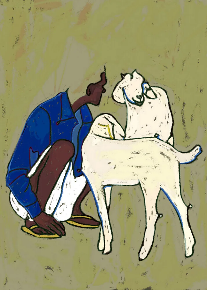 Wandbild von Uma Gokhale: Hirte mit Schafen in ländlicher Umgebung, sanfte Farben und ruhige Stimmung.