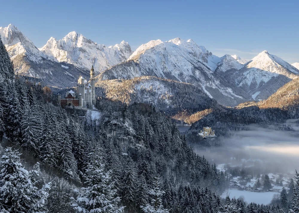 Photo art by Achim Thomae: Neuschwanstein Castle in morning mist during winter.
