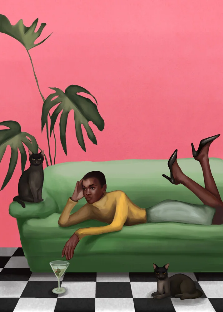 Illustration einer Frau mit Martini und Monstera-Pflanze, stilvoll und feminin.