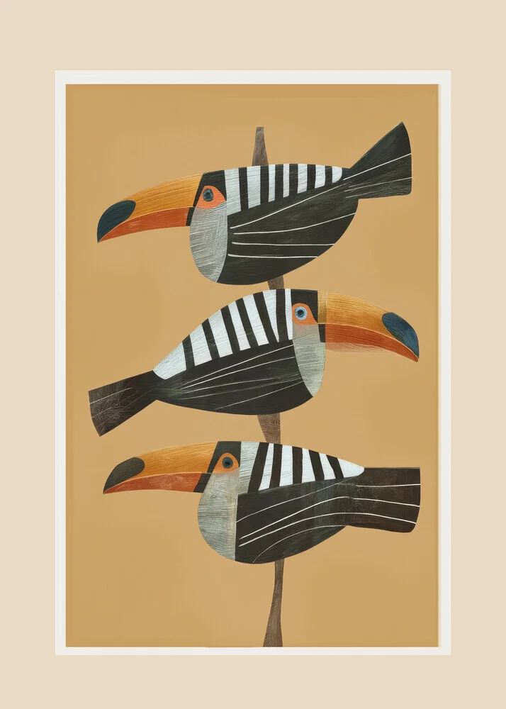 Illustrierte Darstellung eines tropischen Vogelpaares, sanfte Farben und harmonische Komposition