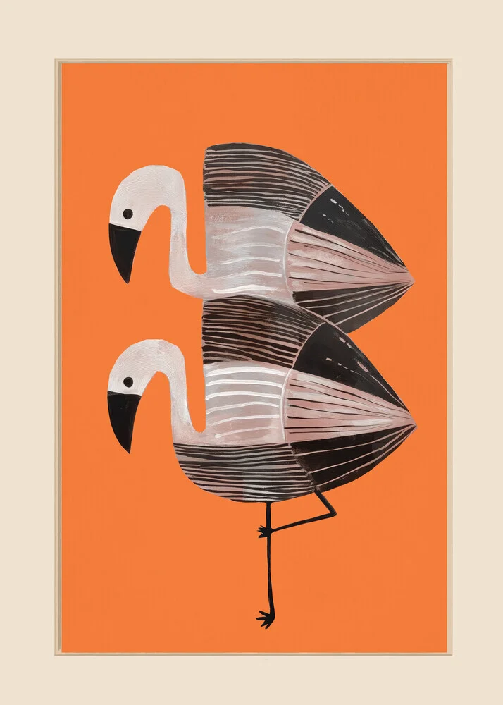 Wandbild mit orangefarbenen Flamingos, fröhliche Stimmung, moderne Illustrationskunst.