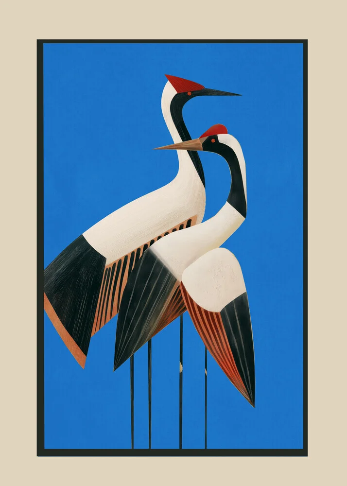 Abstrakte Kraniche in Blau, die ruhige Bewegung und geometrische Formen zeigen.