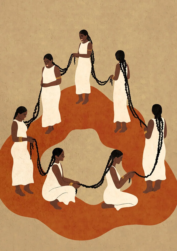 Illustration by Lemon Fee: women with braids in soft terracotta and beige tones.