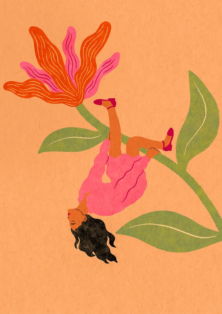 Illustration von Lemon Fee: fröhliche Darstellung einer schwingenden Frau mit Blumen.