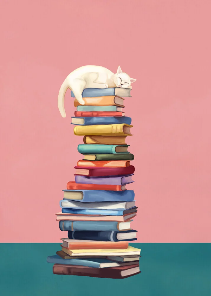 Illustration einer süßen Katze, die auf einem Bücherstapel träumt