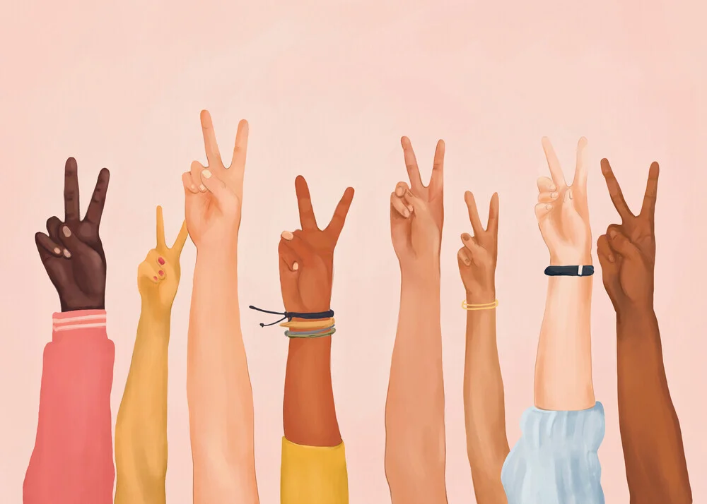 Illustration einer Frau mit vielen Händen unterschiedlicher Hautfarben, die das Peace-Zeichen zeigen.