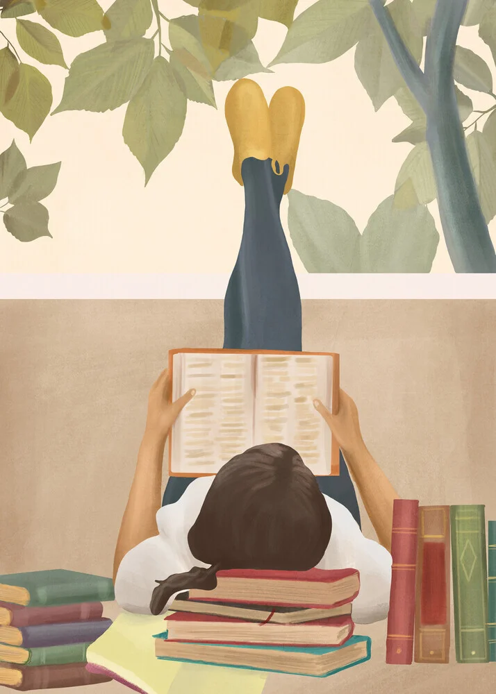 Illustration eines Mädchens, das entspannt ein Buch unter einem Baum liest.