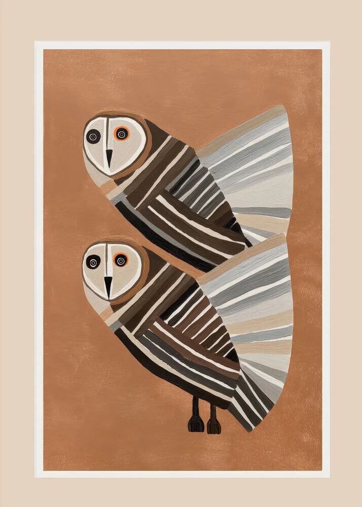 Wandbild von Branka Kodžoman: zwei gestreifte Eulen in ruhiger Komposition