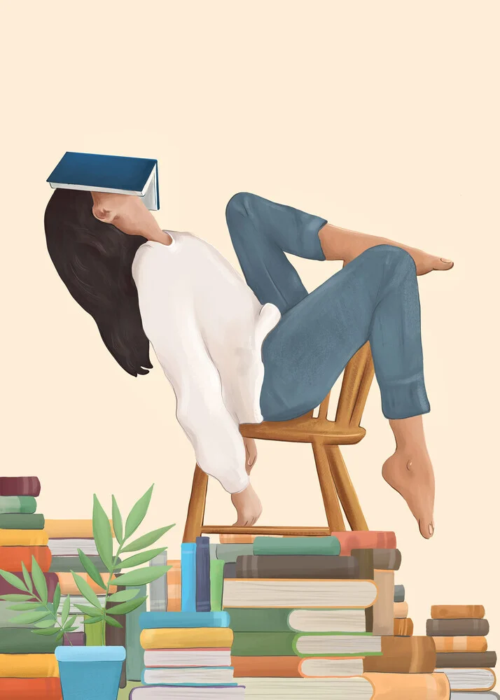 Illustration of a woman immersed in books, relaxed and modern atmosphere