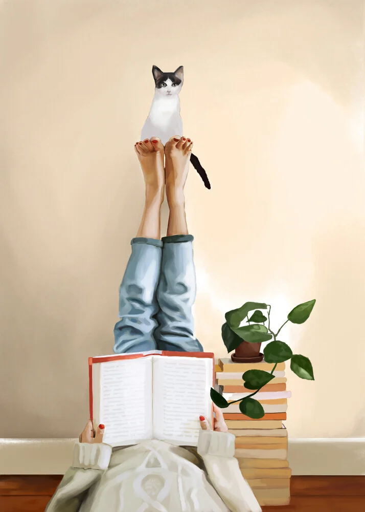 Illustration of a woman reading with her cat in a cozy room.