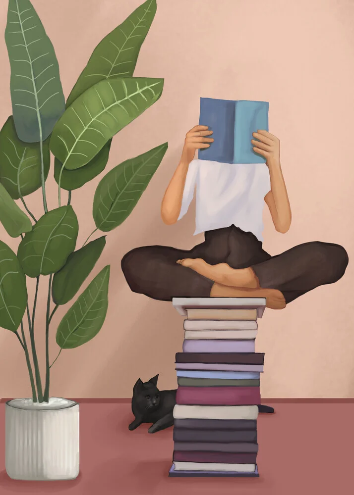Illustration of a woman with books, encouraging meditation in a calm room.