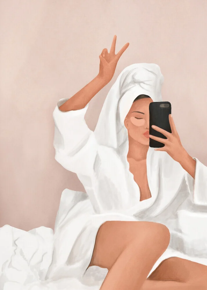 Illustration by Branka Kodžoman: woman taking a selfie in bed, relaxed morning vibe.