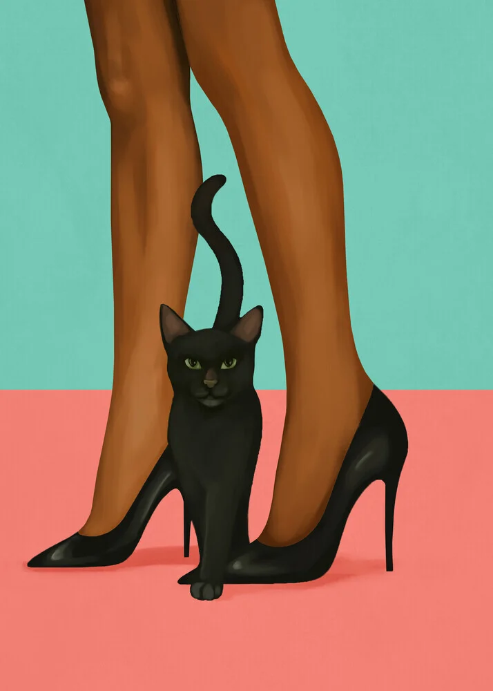 Illustration of a woman in heels with a black cat, stylish and feminine.
