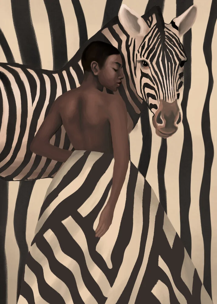 Illustration of a woman with a zebra in bold stripes, radiating calm and elegance.