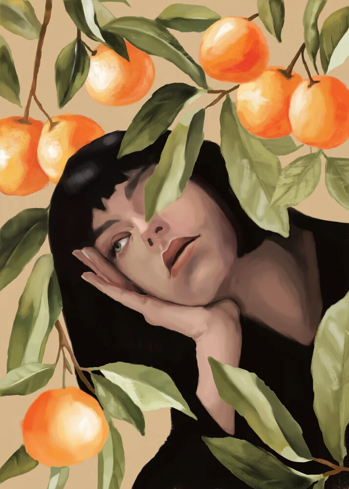 Illustration of a dreamy woman in soft colors and an elegant pose.