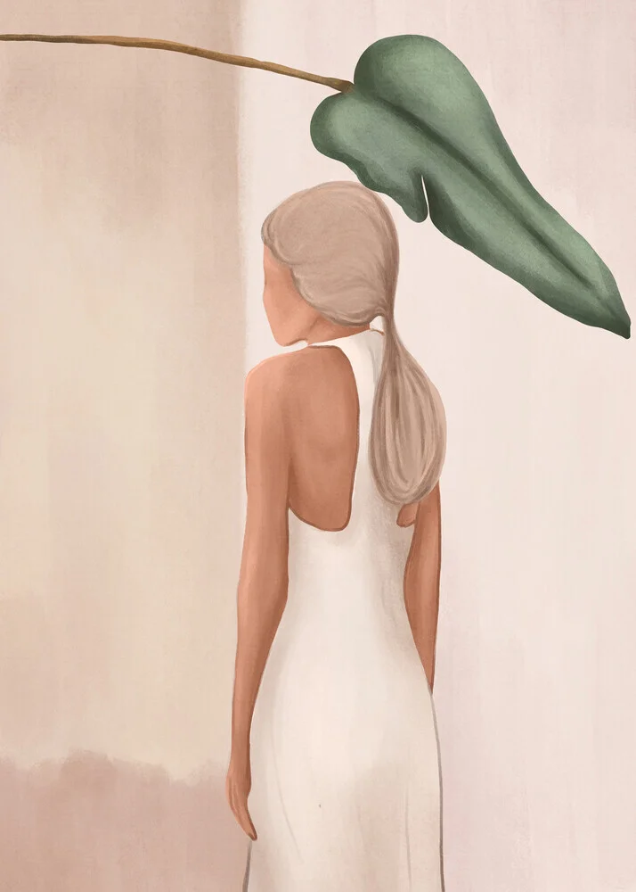 Illustration of a woman in a dress, soft lines and calming colors.