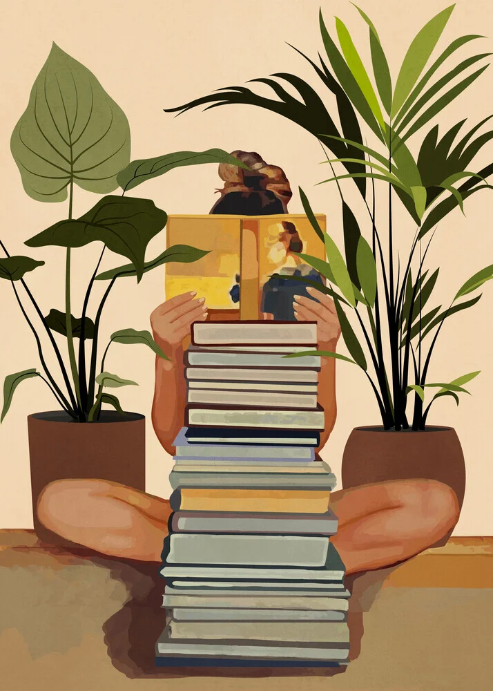 Illustration of a woman reading in a cozy room surrounded by plants.