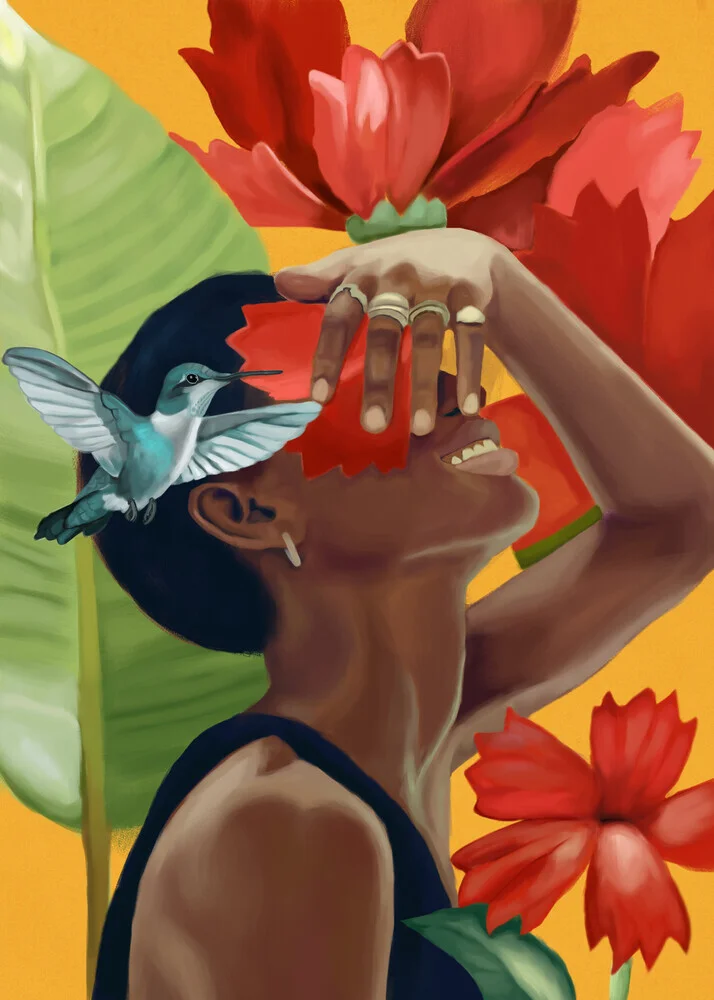 Illustration by Branka Kodžoman: a woman surrounded by blooming plants and a hummingbird.