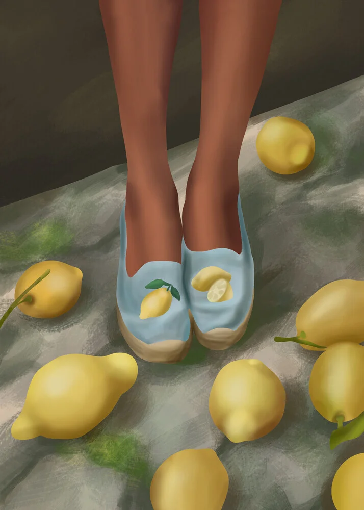 Illustration of yellow lemons on a marbled floor, conveying a tranquil atmosphere.