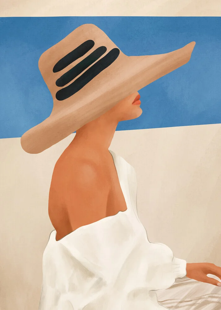 Illustration of a woman with a summer hat relaxing in the sun.