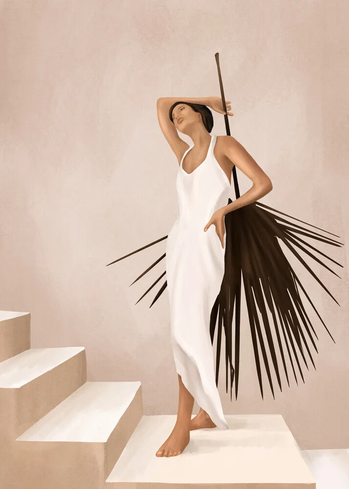 Illustration of a minimalist woman with a palm leaf in soft beige and neutral tones.