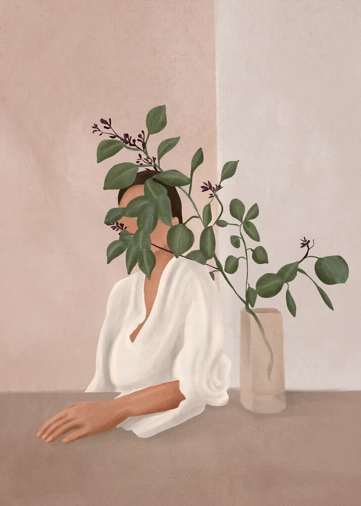 Illustration by Branka Kodžoman: Woman behind leaves, elegant and calm mood.
