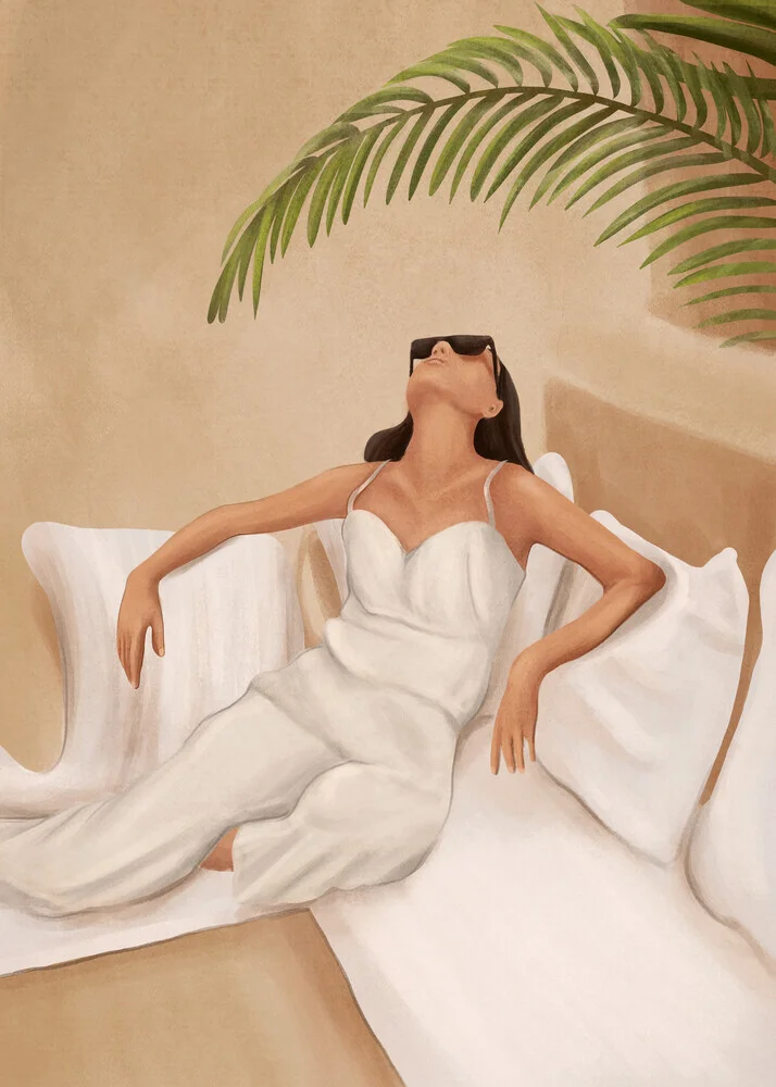 Illustration by Branka Kodžoman: Woman in a white dress enjoying summer heat under palm trees.