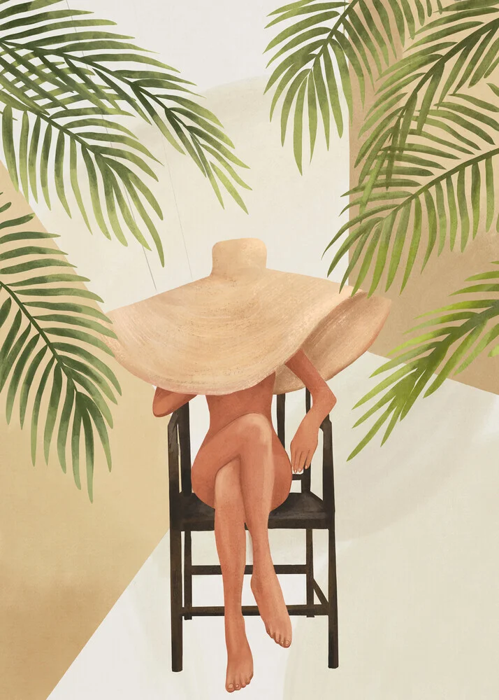 Illustration of a woman sitting under palm trees in a relaxed setting