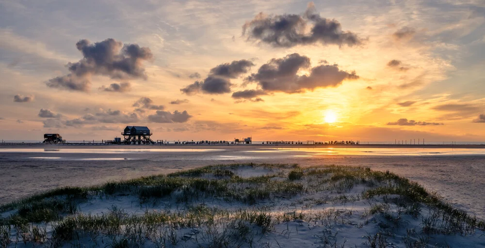 Photo art by Achim Thomae: calm sunset at the North Sea coast with dunes.