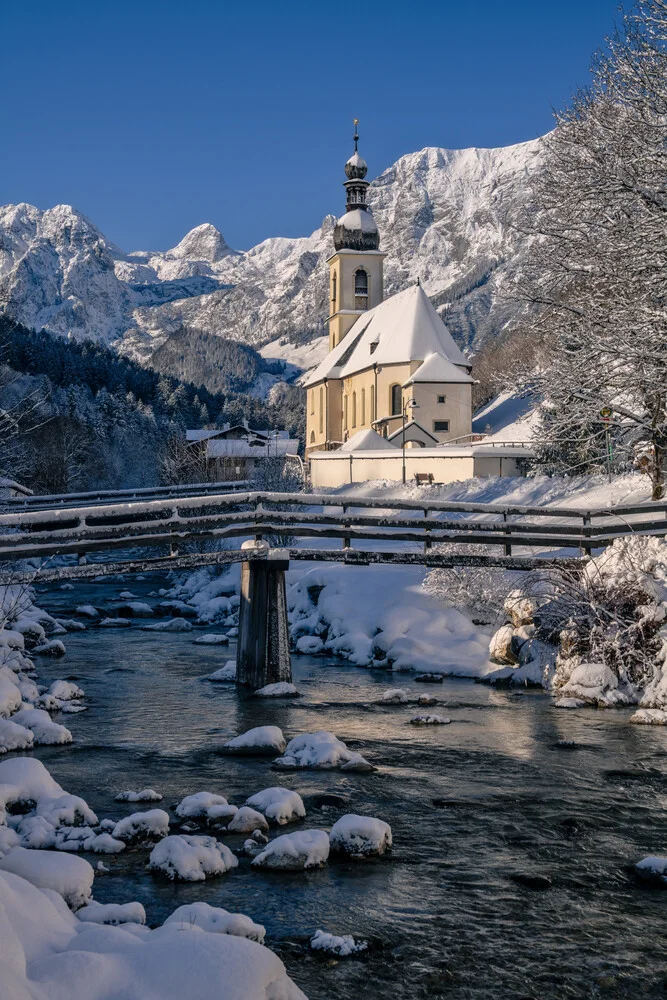 Photo art by Achim Thomae: winter landscape in the Bavarian Alps with a snow-covered church