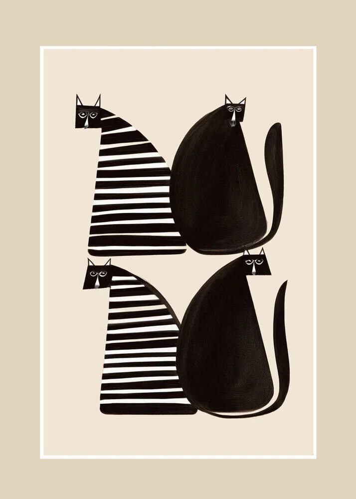 Minimalistische Illustration von Katzen in Schwarz und Weiß, verspielt und stilvoll.