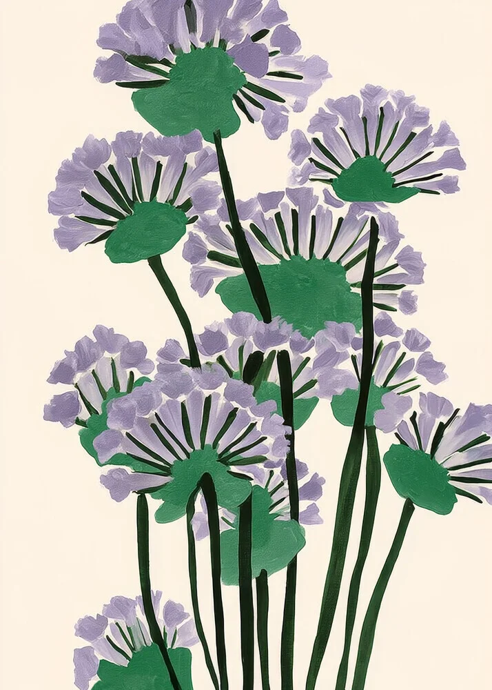 Handgemalte Illustration eines modernen Lavendelgartens mit sanften Farben und organischen Formen