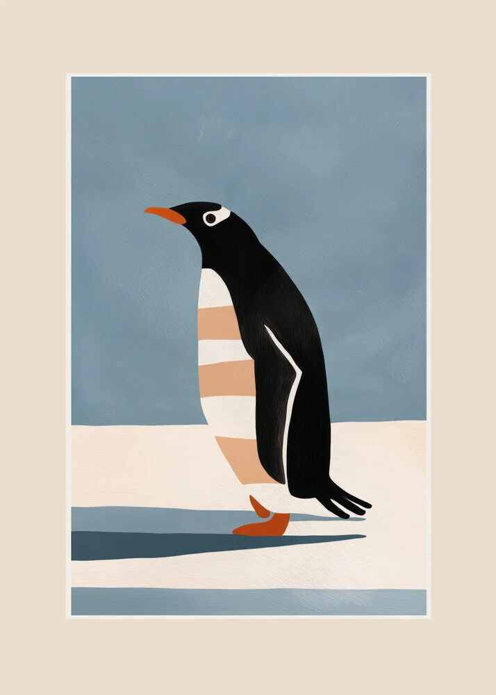 Illustration eines Pinguins auf Eis, zeigt ruhige, klare Farben und eine minimalistische Komposition