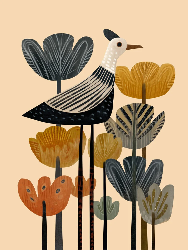 Stilisierte Illustration eines Vogels in harmonischer Gartenlandschaft.