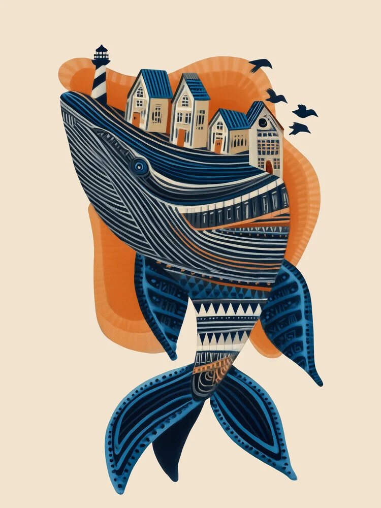 Illustration von Branka Kodžoman: Wal Dorf mit Leuchtturm und maritimen Elementen