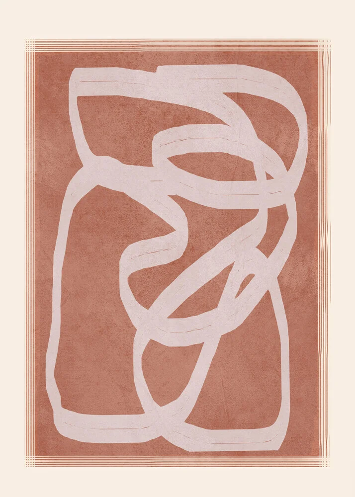 Abstrakte Linienkunst in sanften Terrakotta-Tönen, die fließende Bewegungen darstellt.