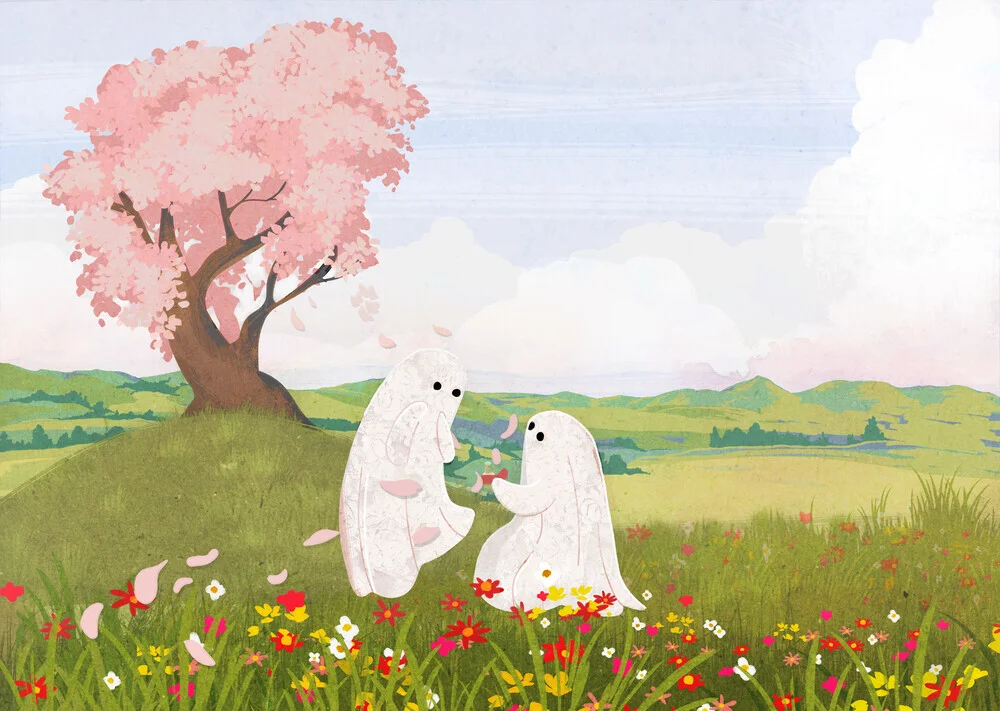 Illustration by Katherine Blower: couple in love on a spring meadow
