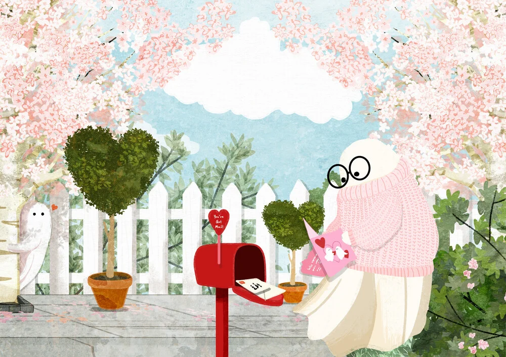 Illustration by Katherine Blower: romantic garden scene with love letters