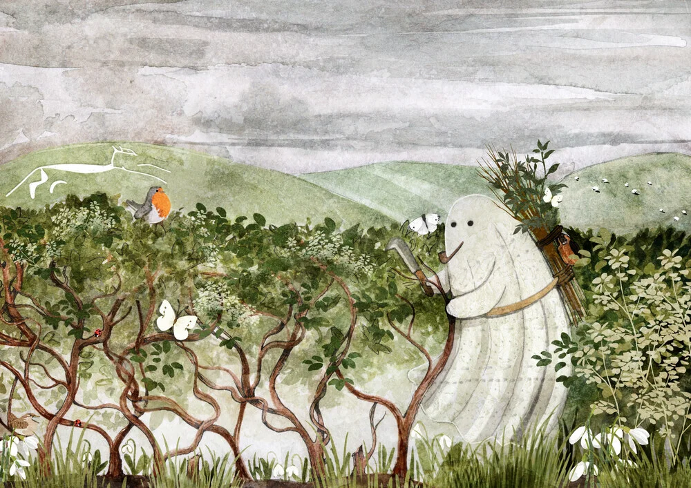 Wall art by Katherine Blower: a calm illustration featuring a robin in a landscape setting