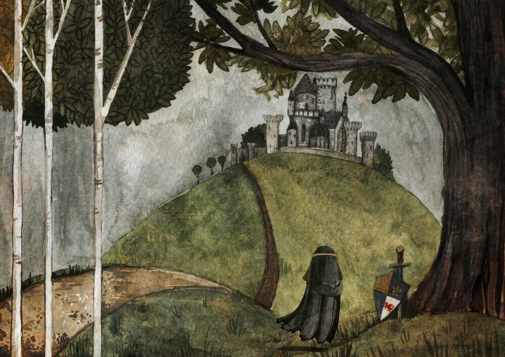 Wall art by Katherine Blower: romantic morning landscape featuring a maiden and a castle