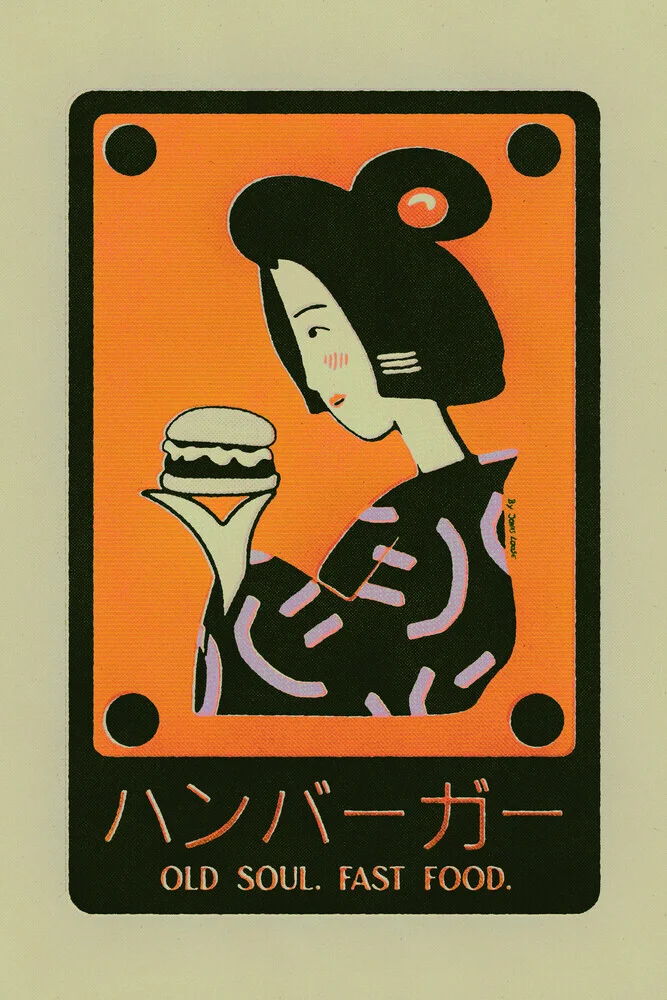 Illustration by Jonas Loose: playful depiction of a Geisha with a burger and humor.