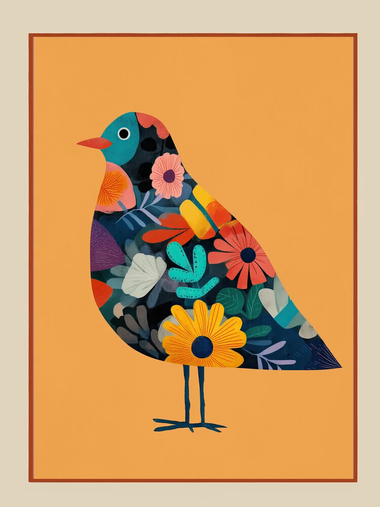 Verspielte Illustration eines bunten Vogels vor gelbem Hintergrund.