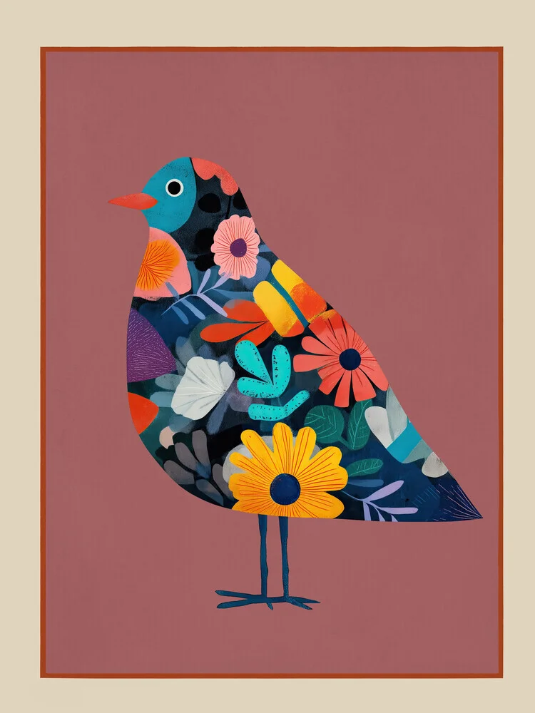 Illustration von Branka Kodžoman: ein verspielter Vogel umgeben von bunten Blumen.