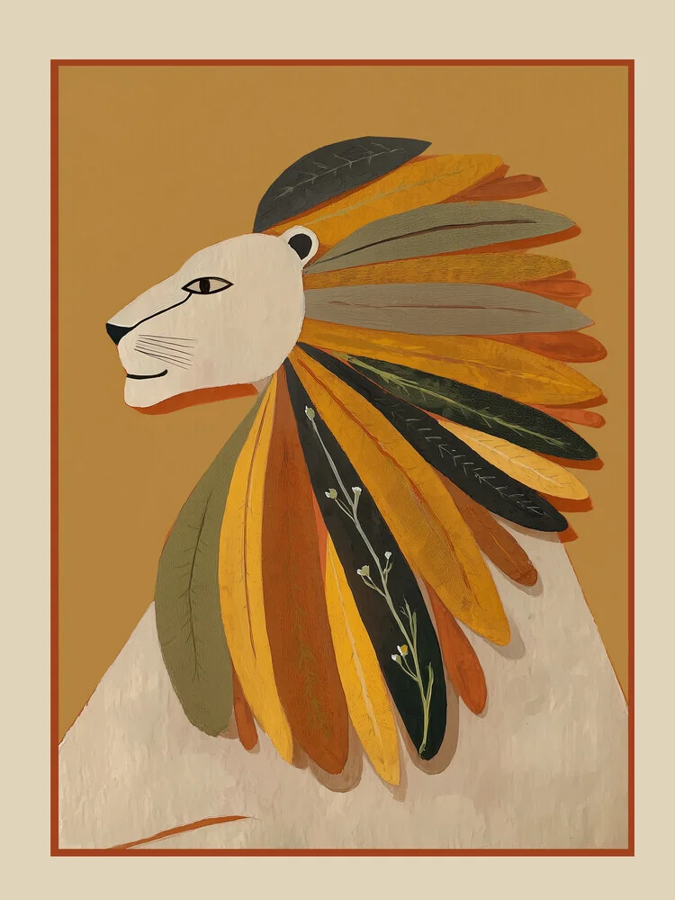 Illustration of a lion with leaves in its mane, soft colors and organic style